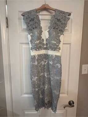 Paper Dolls Gray Lace Midi Dress with Ivory Waistband